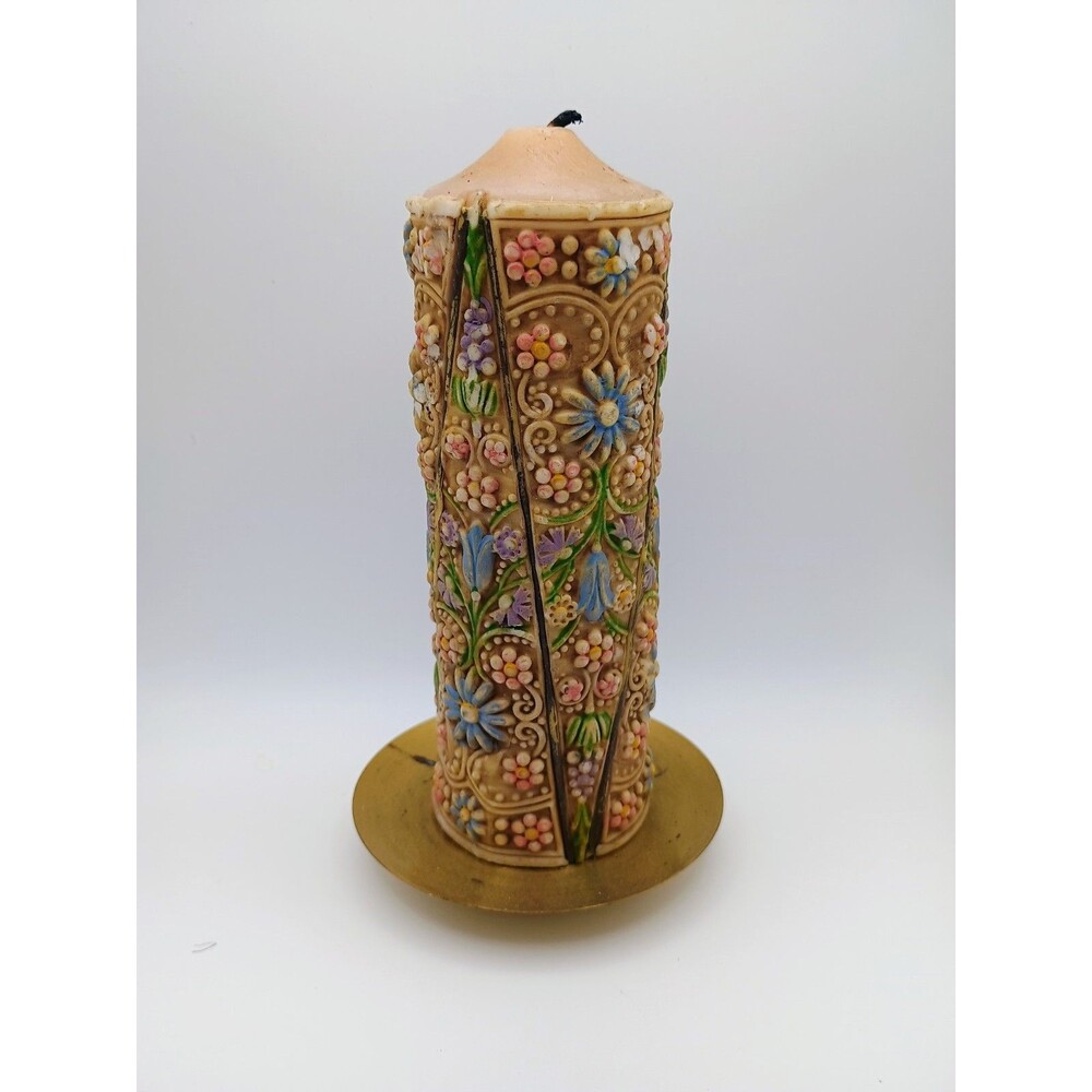 Vintage Hand Carved Wax Floral Candle And Holder From Western Germany - Original